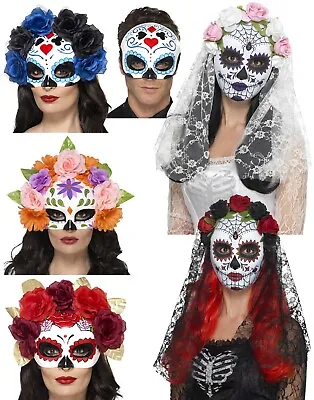 Day Of The Dead Mask Halloween Ladies Sugar Skull Fancy Dress Skeleton New • £6.99