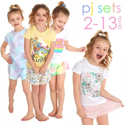 Girls Short Pyjamas Kids Jersey Summer Short Sleeved Pyjama Set Nightwear PJs UK • £8.99