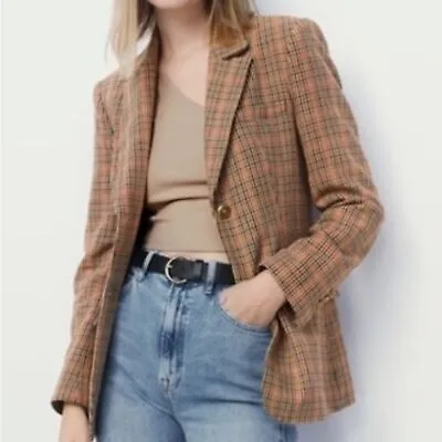 $70 • Buy Zara Tan Pink Plaid Blazer Jacket Single Breasted Gold Buttons