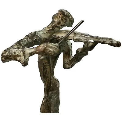 Metal Violinist Sculpture 15” Tall Standing On Wooden Base Playing A Violin • $169