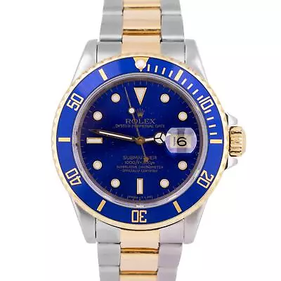 Rolex Submariner Date 40mm Blue Two-Tone 18K Yellow Gold Stainless Watch 16613 • $8293.28