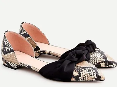 J Crew Pointed Toe Knot Flats Shoes Snake Embossed Leather Satin Bow Size 8.5 • $29.59