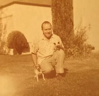 Vintage 1950s Photo Man Kneeling Down Holding Siamese Kitten Chihuahua Dog • $6.50