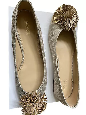 Michael Kors Leather Snakeskin Gold Pom Pom Ballet Flats Sz 10M • $32.99