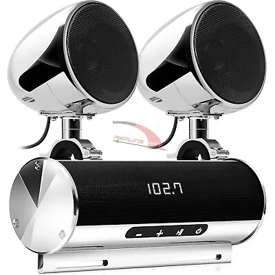 Waterproof Motorcycle Stereo 4 Speakers Audio System Bluetooth Amp Radio Chrome • $164.89