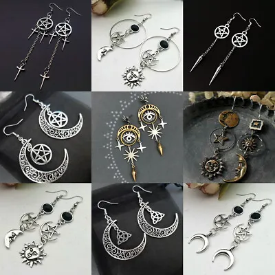 Pentagram Sun Moon Earrings Silver Dangle Drop Punk Hippie Witchy Gothic Jewelry • $1.71