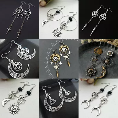 $2.13 • Buy Pentagram Sun Moon Earrings Silver Dangle Hook Drop Boho Hippie Witchy Jewelry