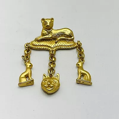 $9.99 • Buy Cat Brooch With Dangling Charms Gold Tone Pin Kitten Costume Jewelry Vintage