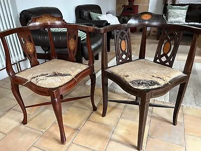 Pair Of Edwardian Inlaid Mahogany Corner Chairs • £85