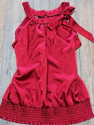 AGB Top Womens Large Red Sleeveless Satin Bow Neck Blouse Elastic Waist • $8