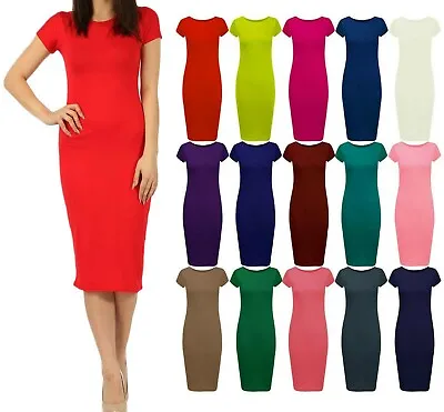 Womens Ladies Short Sleeve Bodycon Cap Sleeve Midi Dress Plus Size 8-26 • £6.74