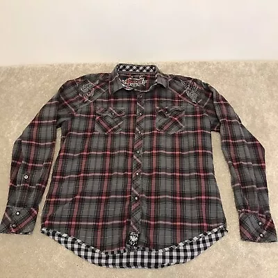 Rock 47 Shirt Mens XL Gray Red Plaid Pearl Snap Button Up Western Casual Cowboy • $32.99