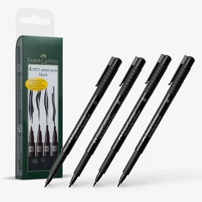 FABER CASTELL - 4 PITT Artist Pens Black Fineliner Drawing Wallet Set - XS S F M • £6.70