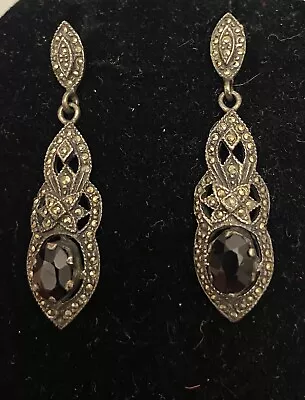 Vintage 925 Sterling Silver Marcasite Black Onyx Dangly Drop Earrings Deco Style • $23.95