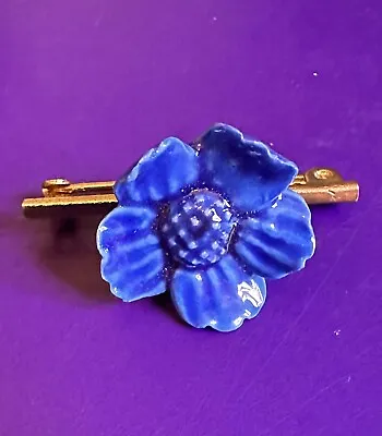 Tiny Wedgwood Vintage Porcelain Blue Flower Brooch On Brass Pin • £15