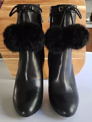 Michael Kors Leather Ankle Boots With Rabbit Fur Poms • $48