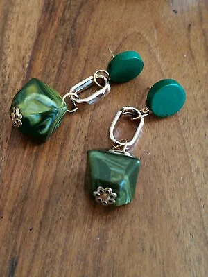 £4.99 • Buy Green Resin Drop Earrings Gold Chain Wood Button Marble Effect Jewellery UK