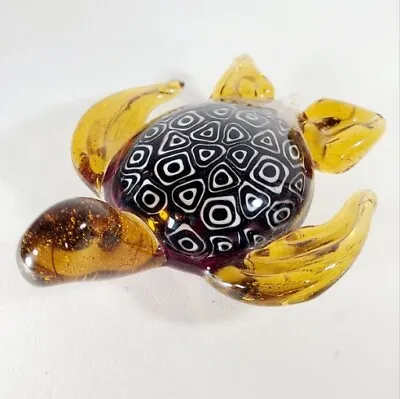 Sea Turtle Hand Blown Glass Paperweight Murano Style Amber With Black And White  • $22