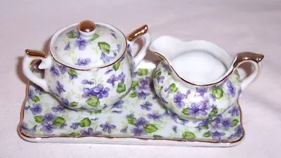 Vintage Lefton China Hand Painted Violet Chintz Cream & Sugar Bowl W/ Lid #794V • $69.99