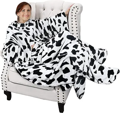 Cow Print Wearable Snuggle Blanket With Sleeves And Foot Pocket Warm Gift For S • £27.99