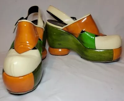 Vintage 70's ElDita's Disco Orange Green White Leather & Wood Platforms Size 7 • $463.67