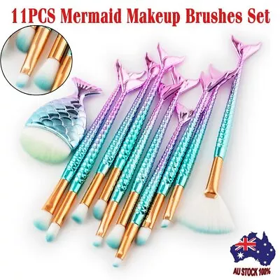 11PC Mermaid Makeup Brushes Set Fish Tail Foundation Eyeshadow Cosmetic Brush IW • $11.90