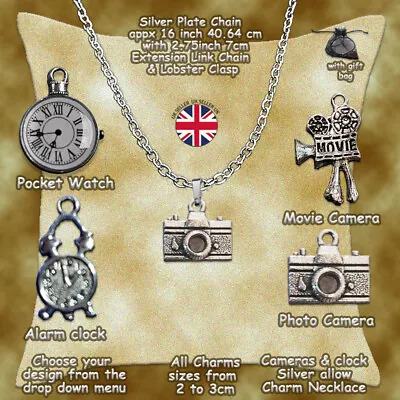 Movie & Clock Silver Charm Necklace Time Photo Film Pocket Watch Novelty • £3.25