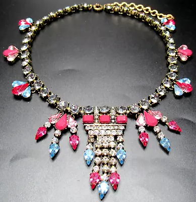 Pink & Blue Rhinestone Fringe Vintage Necklace • $49.99