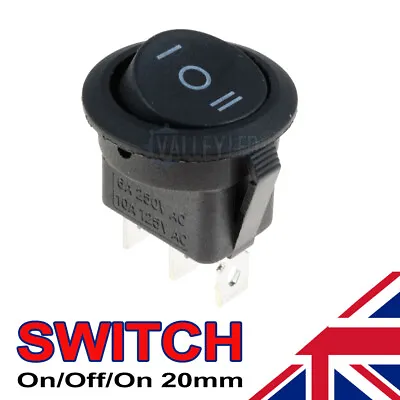 £1.99 • Buy On/Off/On Black Round Rocker Switch Car Automotive 20mm SPDT 2 Way Dash