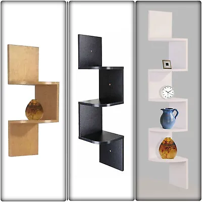 3/4/5 Tier Wood Floating Wall Mounted Corner Book CD Display ZIGZAG Shelf • £17.95