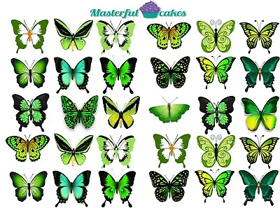 30 X Green Butterflies Edible Cup Cake Toppers In Rice Paper Or Icing    • £3.65