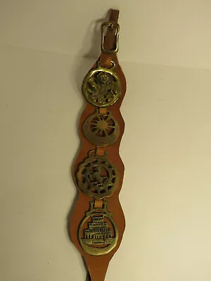 Horse Brass Medallions Lot Of 4 On Leather Martingale English Vintage Thistle  • $34.99