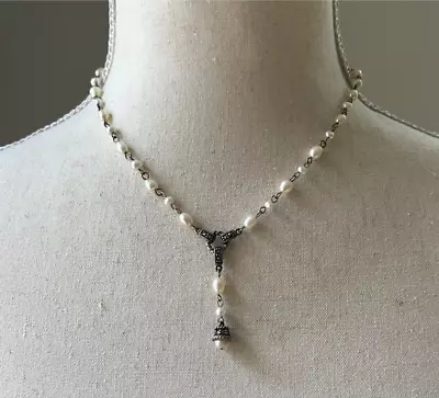 Petite Sterling Silver Marcasite Pearl Bead Pendant Necklace 17 - 18  • $74.89