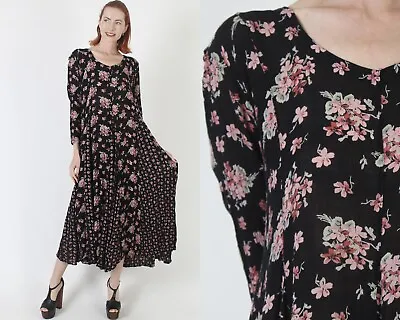 Vintage 90s Black Floral Liberty Print Dress Gauze Goth Baggy Maxi Sun Sundress • $56.05