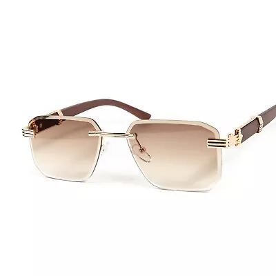 Men's Gold Frame Rimless Brown Gradient Tint Hip Hop Woodgrain Sunglasses • $15.99