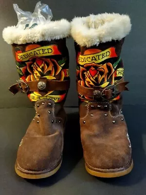 Don Ed Hardy Ladies Brown Suede Leather Boots Fur & Metal Buckle Rose Logo Size8 • $49.99