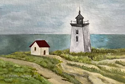 Original Aceo Atc Lighthouse Landscape Massachusetts Painting Ooak Art By Lyoung • $5