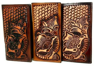 Men's Western Cowboy Wallet Genuine Leather Long Bi Fold Tall Rodeo Wallet • $23.99