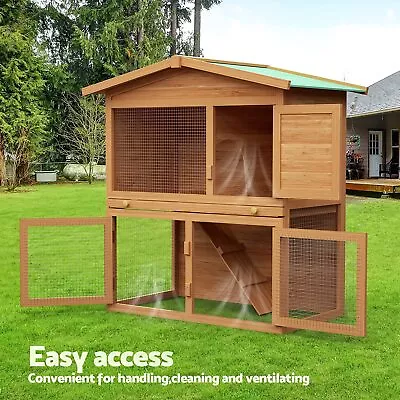 Rabbit Hutch Chicken Coop Wooden Ferret Cage Outdoor Bunny Run House 2 Storey • $99.90