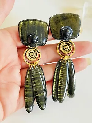 VTG Black Metallic Earrings Dangle Resin Clip Chunky Rare Statement Drop Gold • $25