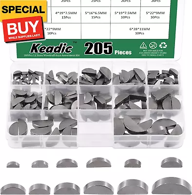 205Pcs 12 Sizes Metric Woodruff Key Assortment Set Carbon Steel Half Moon Gear  • $22.03