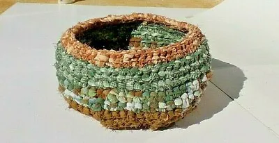 HANDMADE CROCHETED RAG RUG  BASKET  Vintage Fabrics  By   Bon88Craft   9X5.5  • $129