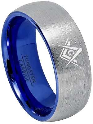 Masonic Ring Tungsten Carbide Ring Freemason 2-Tone Blue Tungsten Wedding Band • $77