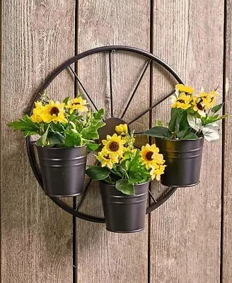 Metal Wagon Wheel Planter Hanging Pots Fence Patio Outdoor Garden Wall Art Decor • $49.99