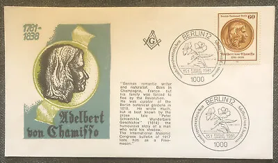 £4.99 • Buy FDC Special Stamp Cover Masons Masonic Germany 1981 Adelbert Von Chamisso