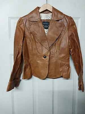 Moda International Brown 100% Leather Ruffled Hem Crop Jacket Women's Size S • $35