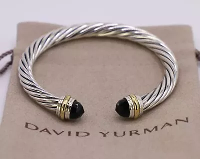 David Yurman Sterling Silver 7mm Cable Classic Bracelet Black Onyx & 14k Gold M • $349