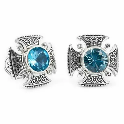 Maltese Cross Round Cut Aquamarine Gemstone Men's Classic Silver Cuff Links • $240