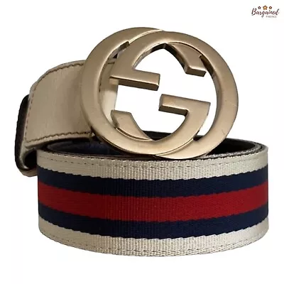 Authentic GUCCI Signature Web Canvas Gold Interlocking G Buckle Belt 80/32 • $350