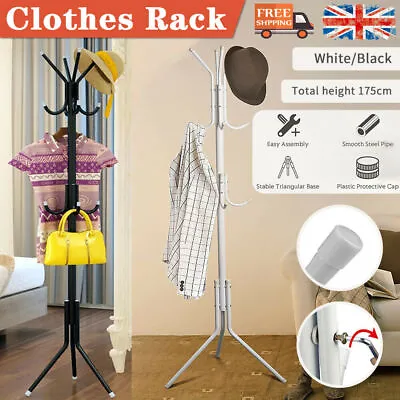 14 Hooks Coat Stand Coat Hat Jacket Umbrella Floor Standing Rack Clothes Hanger • £10.99